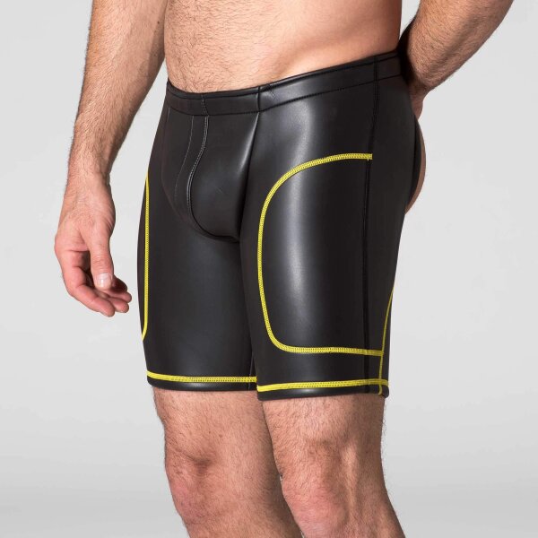 665 Leather Neoprene Open Ass Long Shorts Black/Yellow