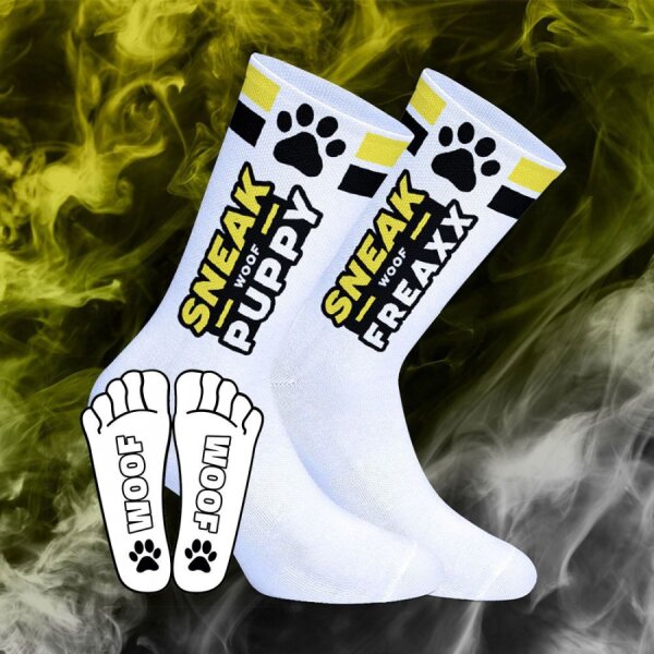 SNEAKFREAXX Woof Puppy Socken Weiß-Gelb