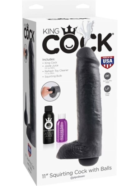 King Cock With Balls 27.95 cm - Black - Squirt Ø 6,6 cm / Länge 27,95 cm